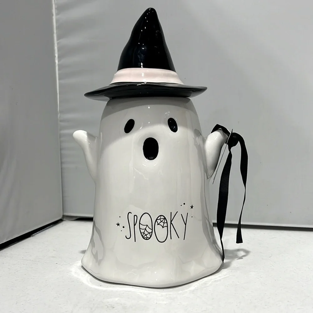 ✨NEW👻Rae Dunn 2024 Spooky Ghost with Witch Hat Cookie Jar Canister🖤 - Picture 1 of 8